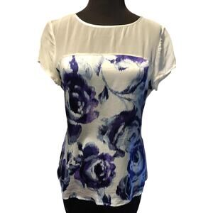 Cache Silk Sheer Shoulders Top Size S/M Off White Floral Back Zipper Stretch